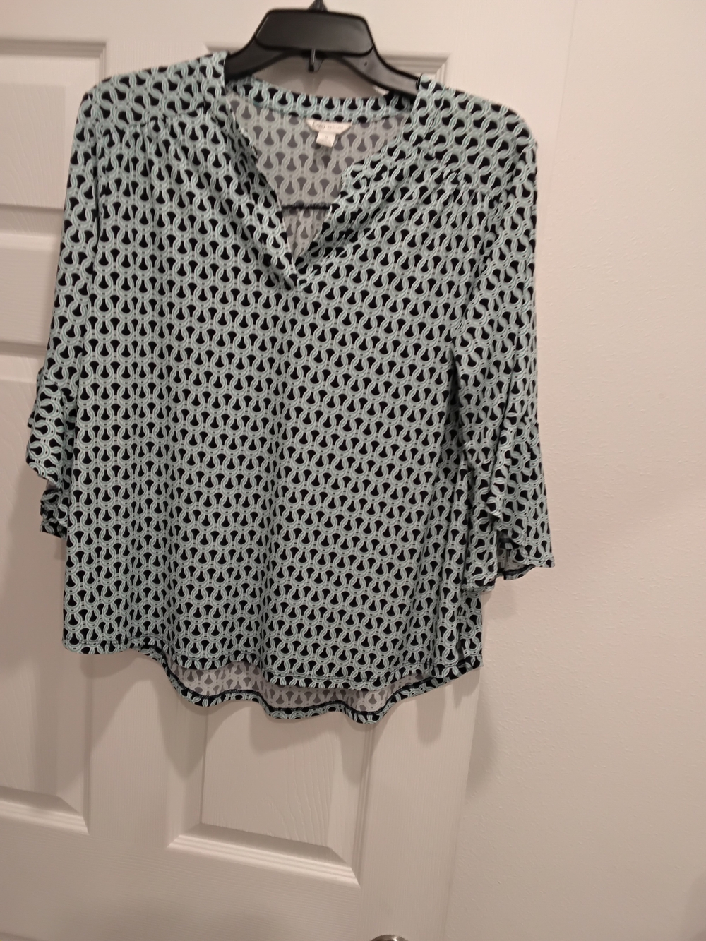 Patterned Light Blue V-Neck Women's Blouse with Fluted Sleeves